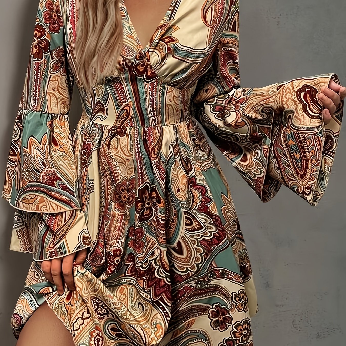 vlovelaw  Paisley Print V Neck Dress, Elegant Layered Ruffle Sleeve Dress For Spring & Fall, Women's Clothing