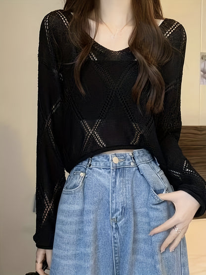 vlovelaw  Solid Cut Out Asymmetrical Sweater, Casual Long Sleeve Sweater For Spring & Fall, Women's Clothing