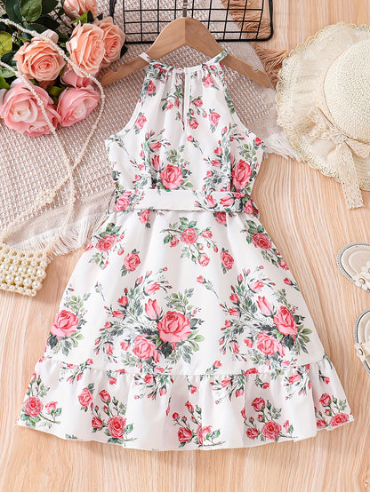 Adorable Vintage-Inspired Girls Floral Halter Dress - Flowy & Breathable for Summer Holidays, Perfect Festive Party Wear & Gift Idea