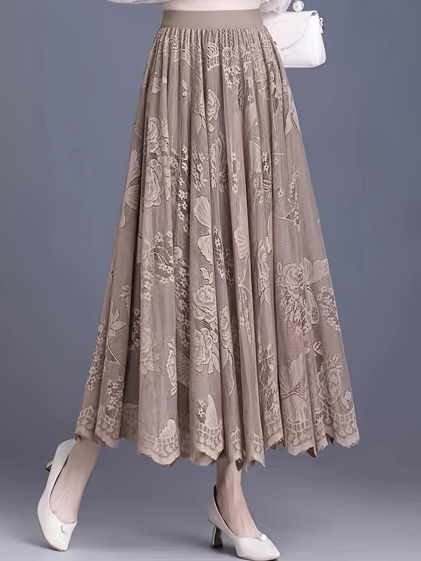 vlovelaw  Solid Floral Pattern Pleated Skirt, Elegant Elastic Waist Skirt For Spring & Fall, Women's Clothing