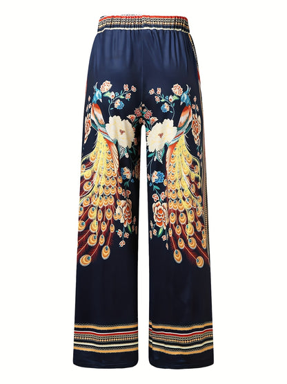 Peacock Print Wide Leg Pants, Retro Drawstring Long Length Palazzo Pants, Women's Clothing