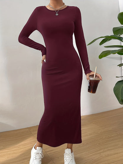 Solid Crew Neck Slim Dress, Elegant Long Sleeve Midi Dress, Women's Clothing