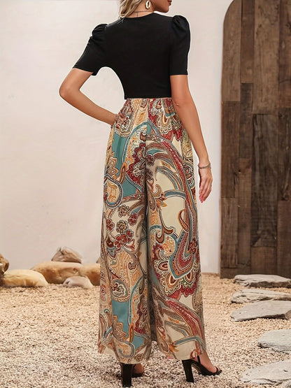 vlovelaw  Allover Print Wide Leg Pants, Elegant High Waist Loose Pants For Spring & Summer, Women's Clothing