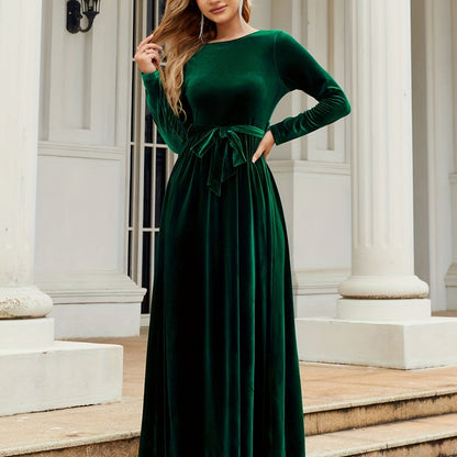 Solid Belted Ankle Dress, Elegant Boat Neck Long Sleeve Dress, Women's Clothing