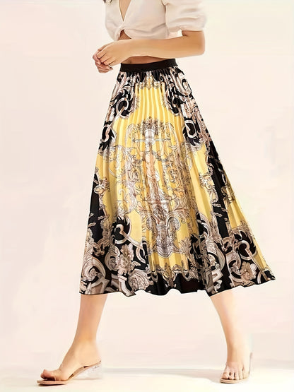 Plus Size Elegant Skirt, Women's Plus Baroque Print Elastic Waist High Rise Pleated Maxi Skirt