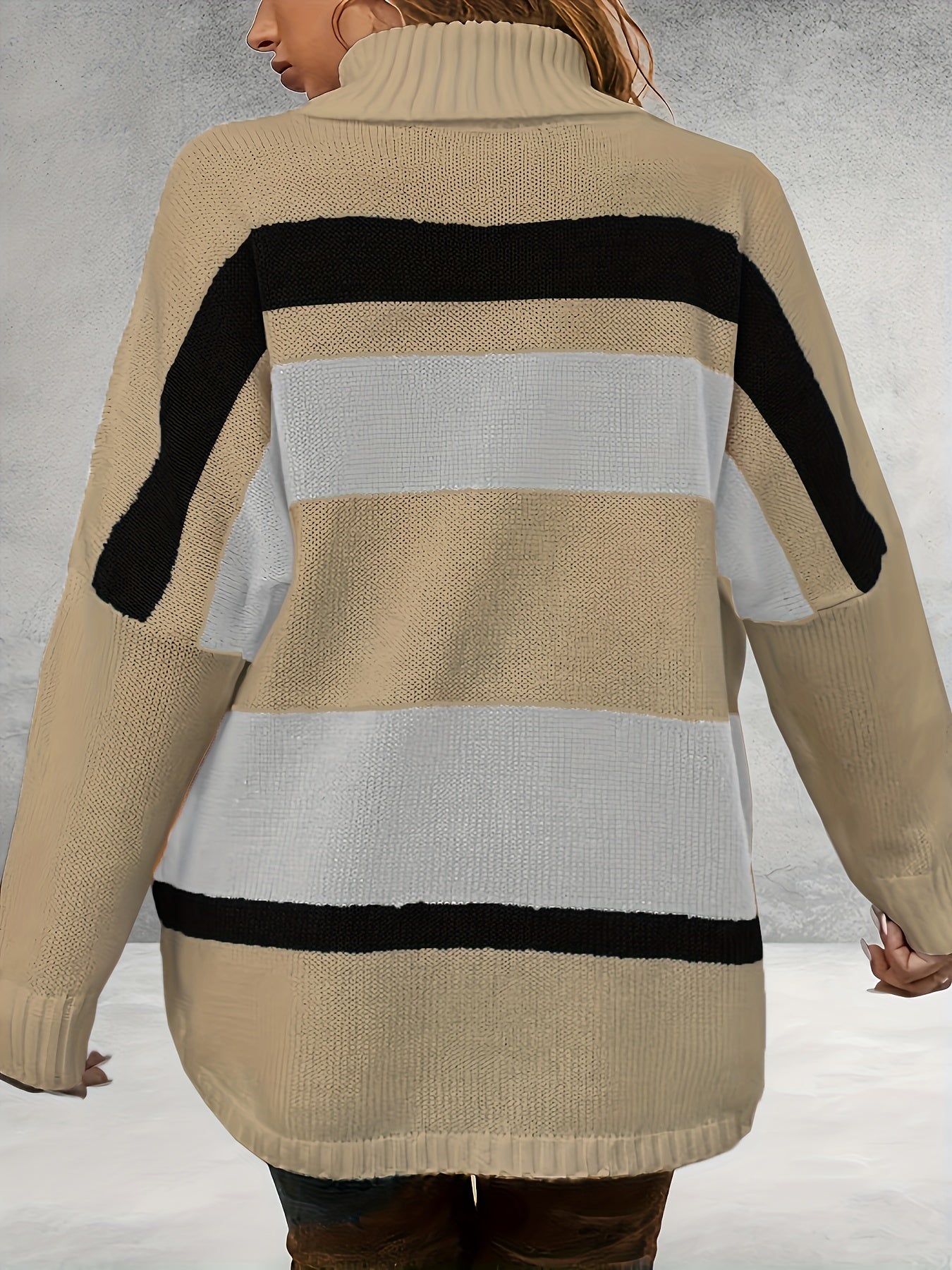 vlovelaw Plus Size Casual Sweater, Women's Plus Colorblock Long Sleeve Turtle Neck Slight Stretch Sweater