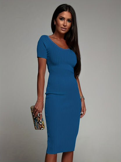 vlovelaw Solid Ribbed Dress, Elegant V Neck Short Sleeve Slim Dress, Women's Clothing