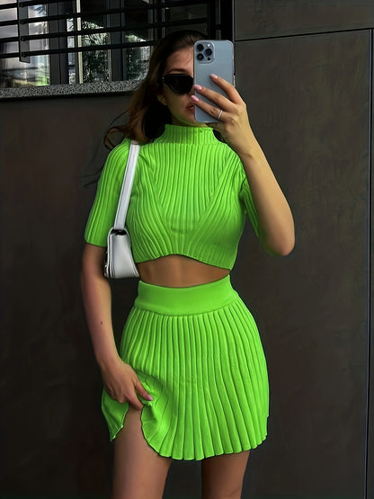 vlovelaw Ribbed Solid Two-piece Skirt Set, Mock Neck Short Sleeve Crop Top & High Waist Skirts Outfits, Women's Clothing