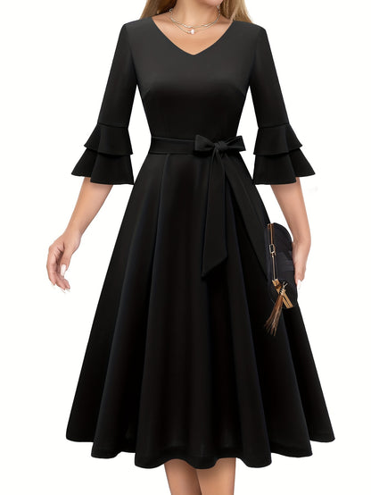 vlovelaw  V Neck Solid A-line Dress, Elegant 3/4 Sleeve Dress For Spring & Fall, Women's Clothing