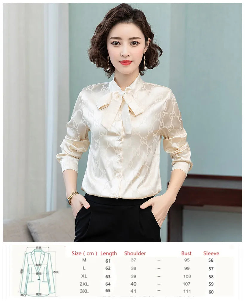 Ribbon Bow Women Silk Print Shirt Polka Dot Long Sleeve Button Up Blouses Office Ladies Casual Shirts Spring Autumn Designer Blouse Fine Elegant Tops Woman