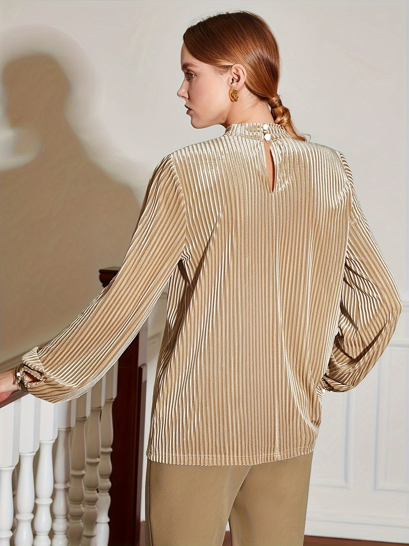 vlovelaw  Solid Mock Neck Velvet T-shirt, Elegant Keyhole Long Sleeve Top For Spring & Fall, Women's Clothing