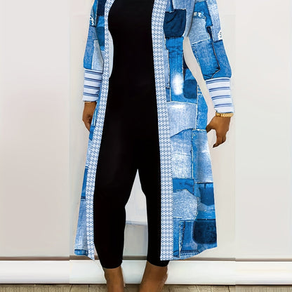 vlovelaw Plus Size Colorblock Longline Coat, Women's Plus Slight Stretch Casual Trench Coat