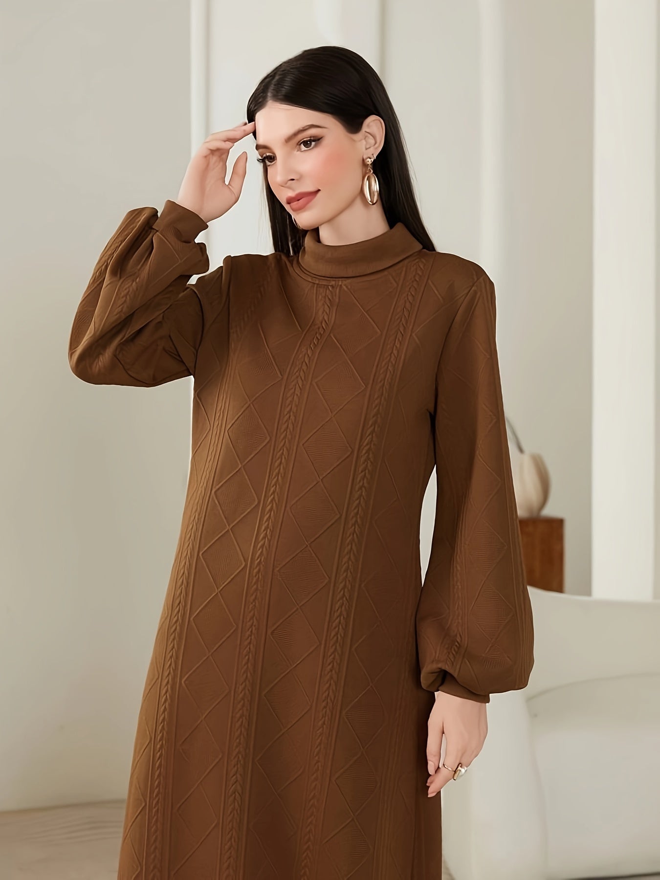 vlovelaw  Textured Mock Neck Dress, Elegant Long Sleeve Dress For Fall & Winter, Women's Clothing