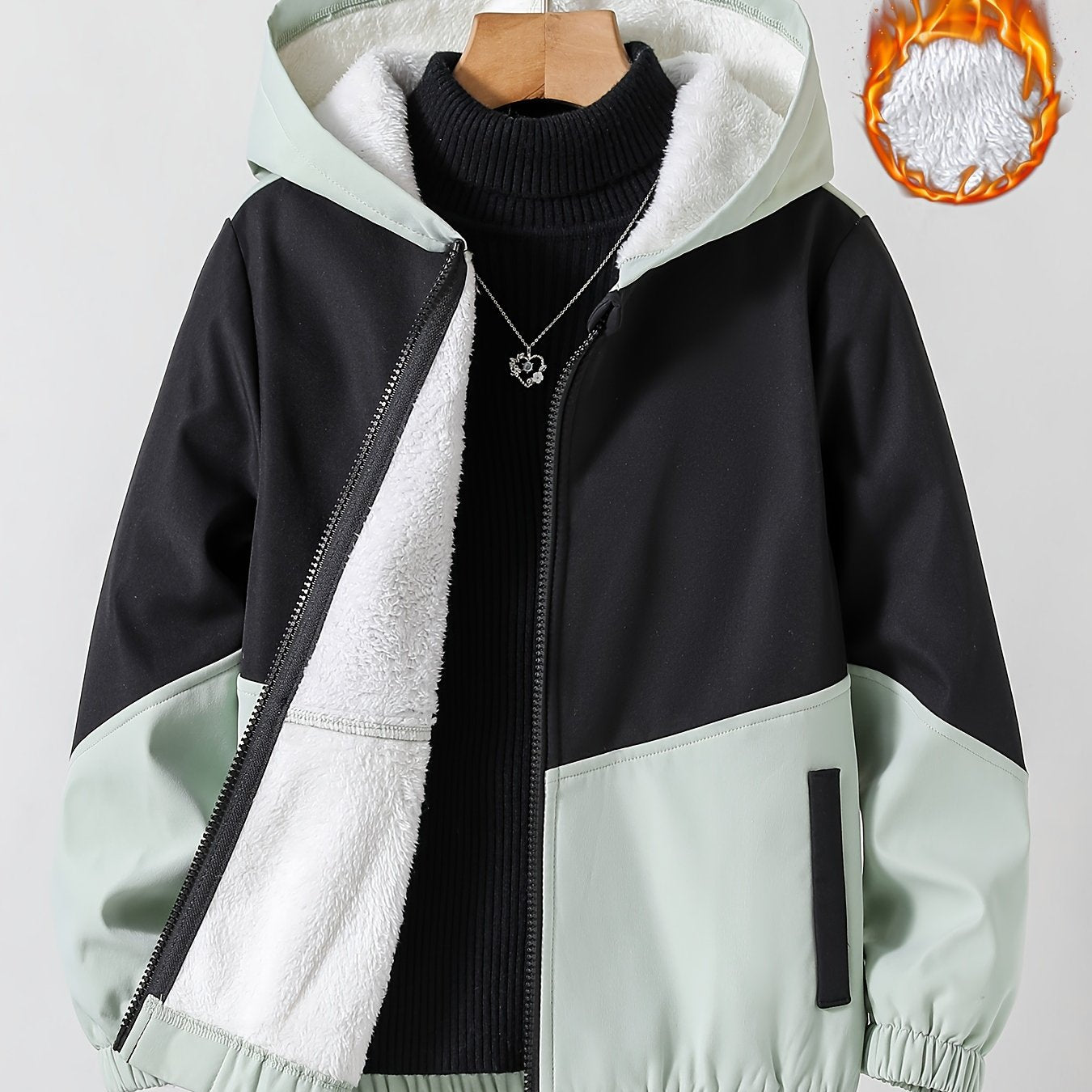 Girls Chevron Color Block Hooded Fleece Lined Windbreaker Jacket For Teen Kids Autumn And Winter