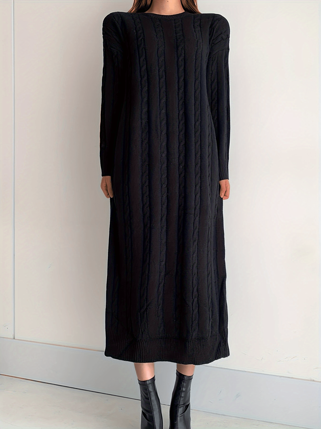 Solid Cable Knit Sweater Dress, Casual Long Sleeve Midi Dress, Women's Clothing