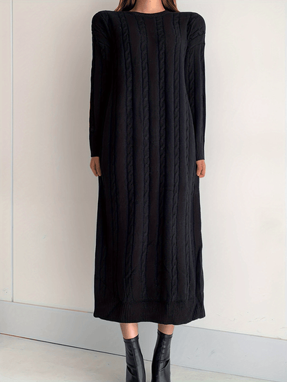 Solid Cable Knit Sweater Dress, Casual Long Sleeve Midi Dress, Women's Clothing