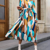 vlovelaw  Geo Print Ruffle Trim Dress, Elegant Crew Neck Long Sleeve Dress, Women's Clothing