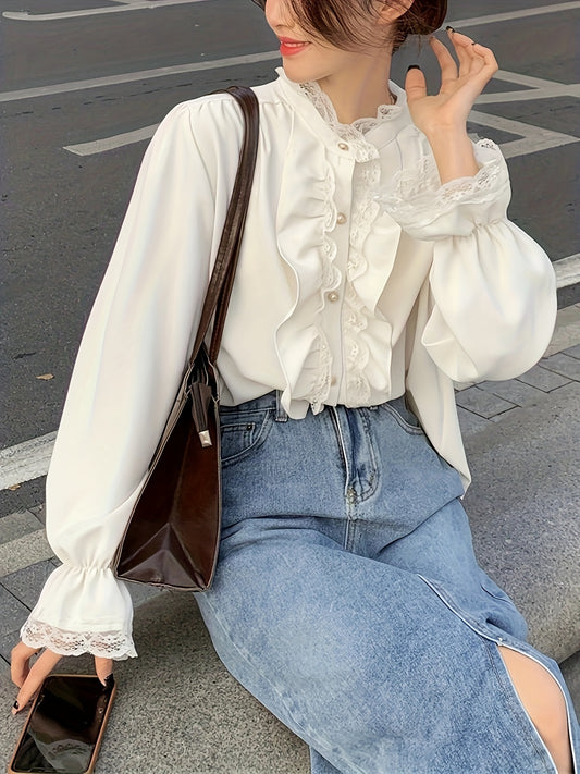 vlovelaw  Contrast Lace Ruffle Decor Blouse, Chic Button Front Long Sleeve Blouse, Women's Clothing