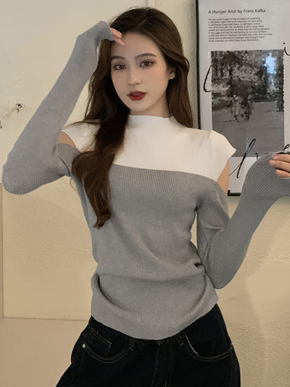 vlovelaw  Color Block Mock Neck Pullover Sweater, Casual Cold Shoulder Long Sleeve Stylish Sweater, Women's Clothing