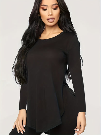 vlovelaw Solid Curved Hem Crew Neck T-Shirt, Casual Long Sleeve Top For Spring & Fall, Women's Clothing