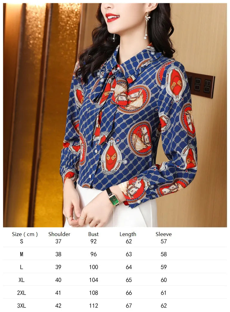 Ribbon Bow Women Silk Print Shirt Polka Dot Long Sleeve Button Up Blouses Office Ladies Casual Shirts Spring Autumn Designer Blouse Fine Elegant Tops Woman