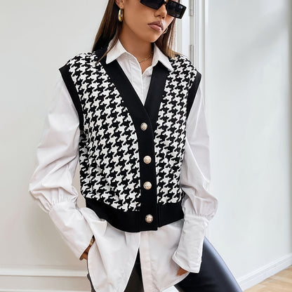 vlovelaw  Houndstooth Pattern V Neck Vest, Elegant Button Front Sleeveless Vest, Women's Clothing