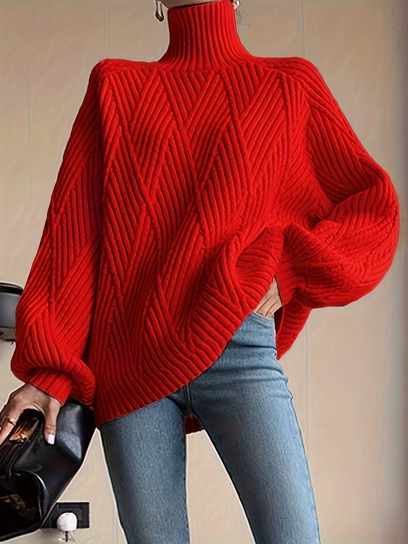 vlovelaw Solid High Neck Knit Sweater, Casual Long Sleeve Pullover Sweater For Fall & Winter, Women's Clothing