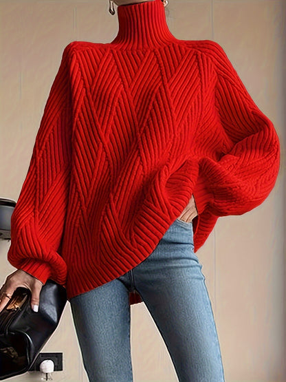 vlovelaw Solid High Neck Knit Sweater, Casual Long Sleeve Pullover Sweater For Fall & Winter, Women's Clothing