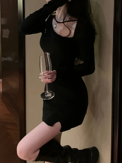 vlovelaw  Solid Cut Out Tie Back Dress, Elegant Asymmetrical Bodycon Long Sleeve Dress For Spring & Fall, Women's Clothing
