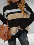 vlovelaw Plus Size Casual Sweater, Women's Plus Colorblock Long Sleeve Turtle Neck Slight Stretch Sweater