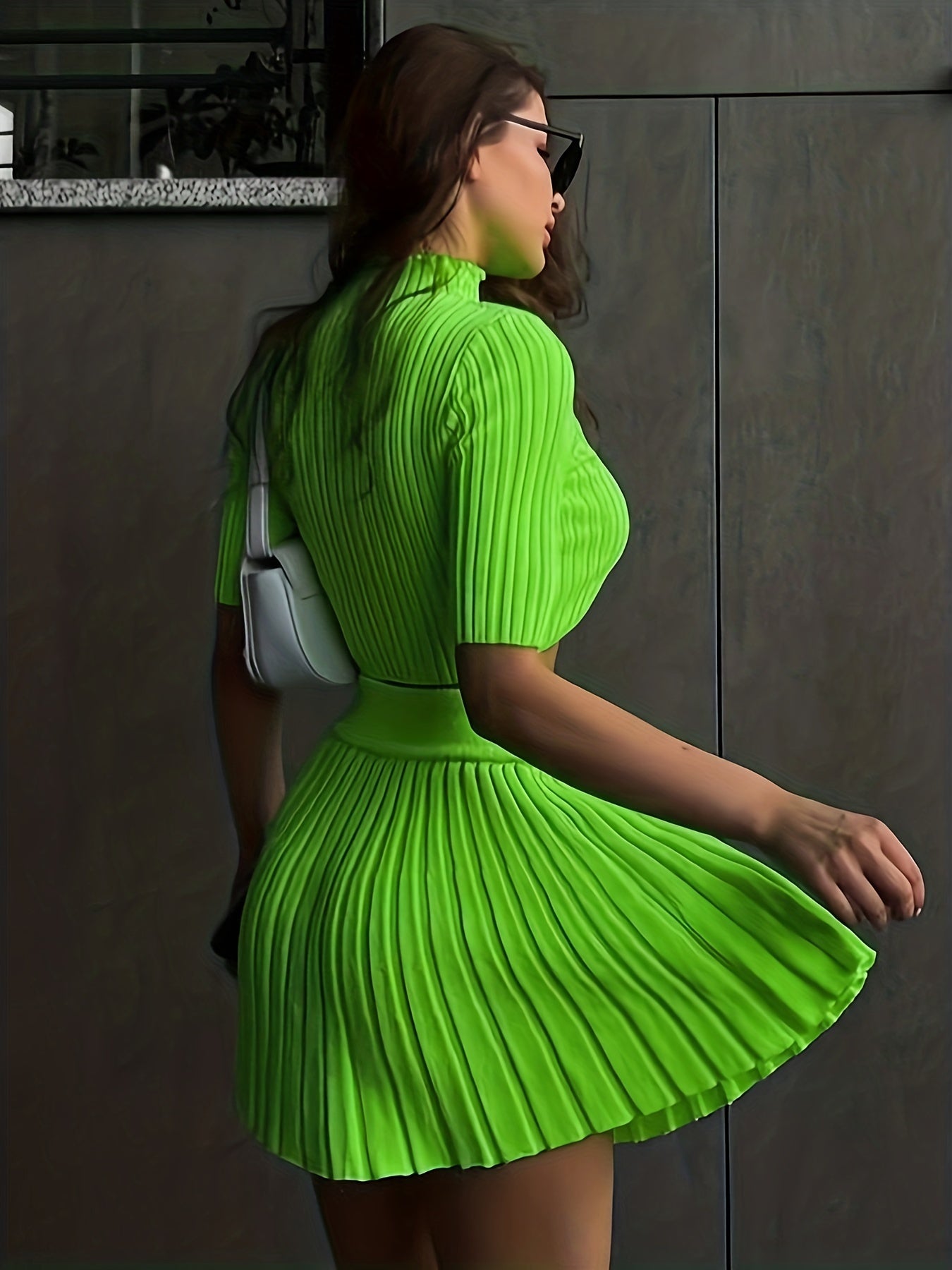 vlovelaw Ribbed Solid Two-piece Skirt Set, Mock Neck Short Sleeve Crop Top & High Waist Skirts Outfits, Women's Clothing