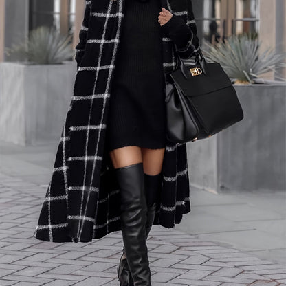 Plus Size Plaid Pattern Coat, Casual Long Sleeve Open Front Coat For Fall, Women's Plus Size Clothing