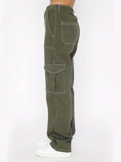 vlovelaw Army Green Cargo Pants, Flap Pockets High Waist Loose Fit Non-Stretch Casual Denim Pants, Y2K Kpop Vintage Style, Women's Denim Jeans & Clothing