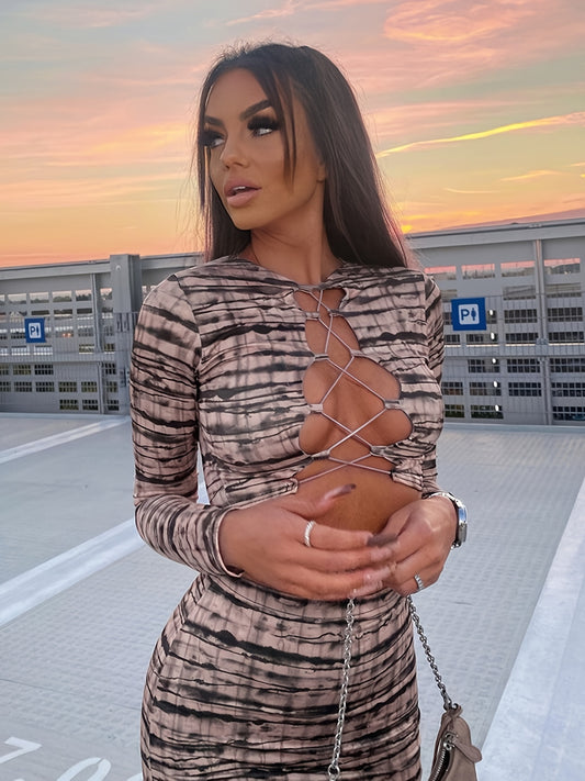 vlovelaw  Y2K Criss Cross Printed 2 Pieces Set, Cropped Long Sleeve Blouse & Bodycon Bag Hip Skirts Outfits, Women's Clothing
