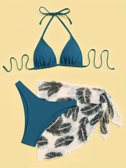 Three-Piece Bikini Set - Flattering Halter Neck Design, Ultra Quick-Drying Technology, Comfortable Four-Way Stretch Fabric - Designed for Women, Vibrant Feather Print Pattern, Matching Cover Up Skirt, Perfect for Beachwear and Poolside Fashion