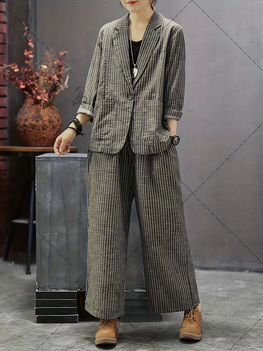 vlovelaw  Striped Print Casual Two-piece Set, Lapel One Button Long Sleeve Blazer & Long Length Wide Leg Pants Outfits, Women's Clothing