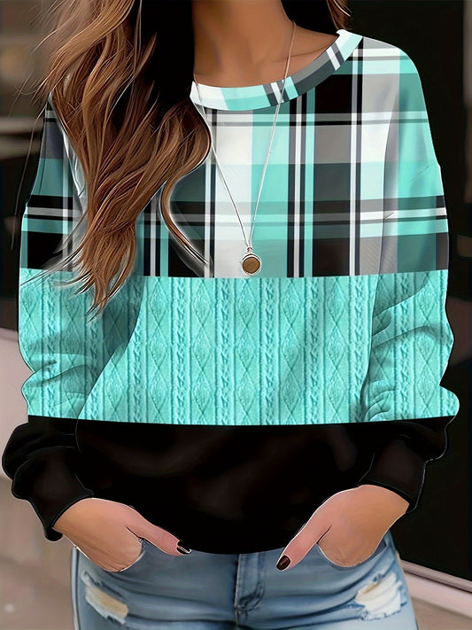 vlovelaw  Color Block Plaid Print Sweatshirt, Casual Crew Neck Long Sleeve Sweatshirt, Women's Clothing