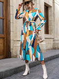vlovelaw  Geo Print Ruffle Trim Dress, Elegant Crew Neck Long Sleeve Dress, Women's Clothing