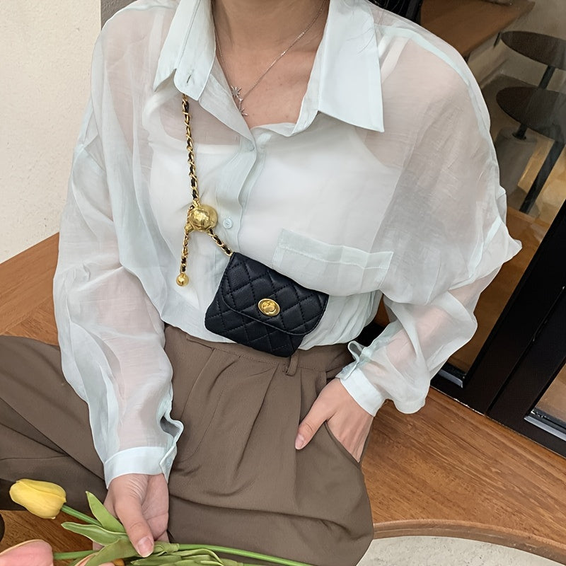 vlovelaw  Mini Chain Belt Bag For Women, Argyle Quilted Waist Purse, Fashion Faux Leather Fanny Pack