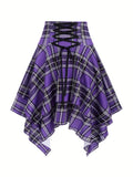 vlovelaw  Plaid Print Irregular Hem Skirt, Casual Tie Front High Waist Skirt, Women's Clothing