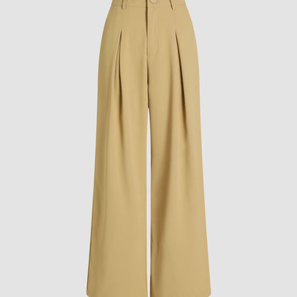 Solid Wide Leg Pants, Elegant Button Slant Pocket Draped Pants, Women's Clothing