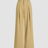 Solid Wide Leg Pants, Elegant Button Slant Pocket Draped Pants, Women's Clothing