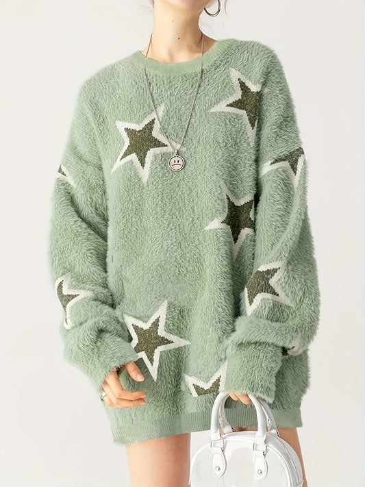 vlovelaw Star Pattern Crew Neck Sweater, Casual Long Sleeve Sweater For Fall & Winter, Women's Clothing