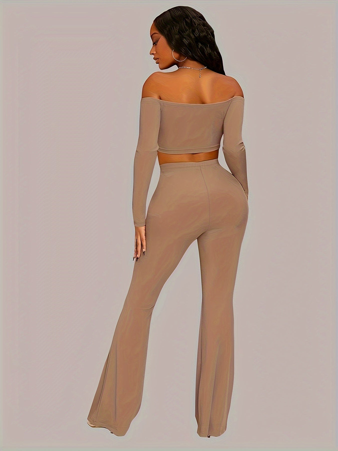 vlovelaw  Solid Casual Two-piece Set, Off Shoulder Long Sleeve Top & Flare Leg Pants Outfits, Women's Clothing
