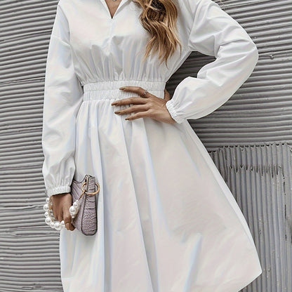 Solid V Neck Dress, Elegant Long Sleeve Dress For Spring & Fall, Women's Clothing