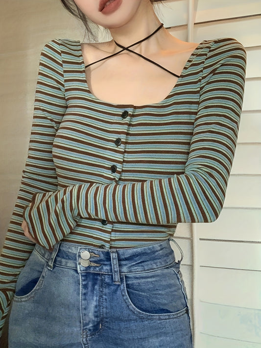 vlovelaw  Striped Print Button Front T-Shirt, Casual Cross Tie Neck Long Sleeve T-Shirt For Spring & Fall, Women's Clothing