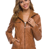 Women's Outerwear Long Sleeve Ladies Leather Jacket Solid Side Stripe PU Leather