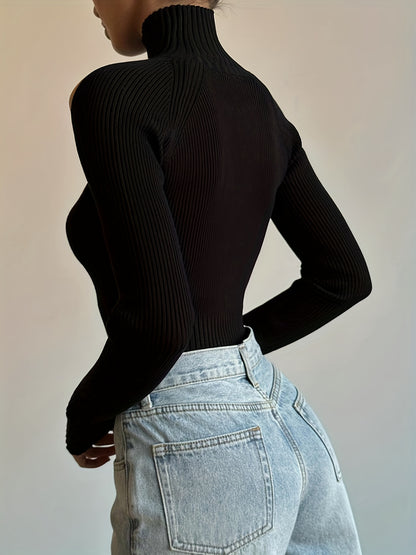 vlovelaw  Cold Shoulder Mock Neck Knitted Sweater, Casual Solid Long Sleeve Sweater, Women's Clothing