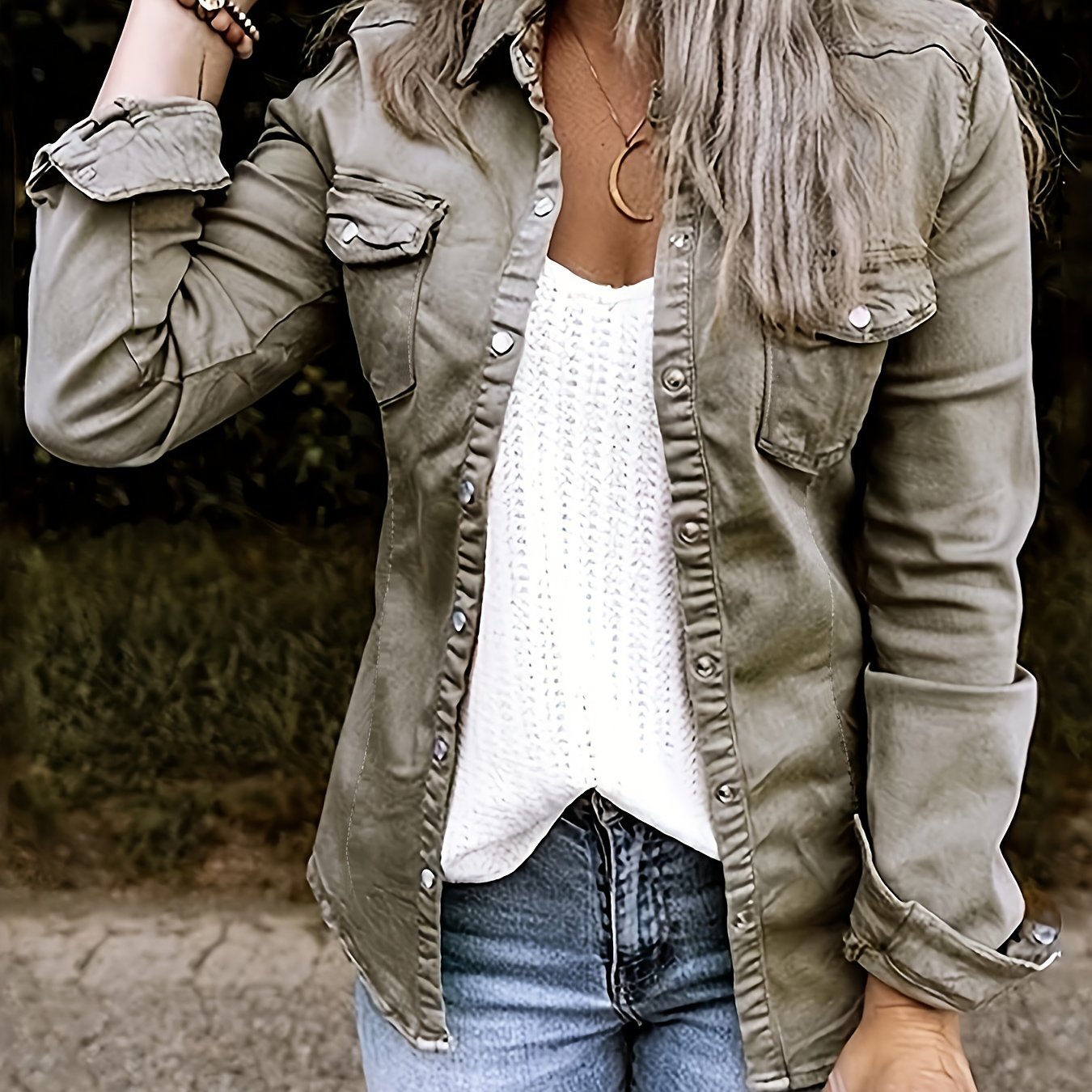 Long Sleeves Denim Shirt, Single-Breasted Button Flap Pockets Non-Stretch Lapel Denim Jackets, Women's Denim Clothing