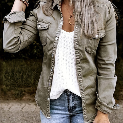 Long Sleeves Denim Shirt, Single-Breasted Button Flap Pockets Non-Stretch Lapel Denim Jackets, Women's Denim Clothing